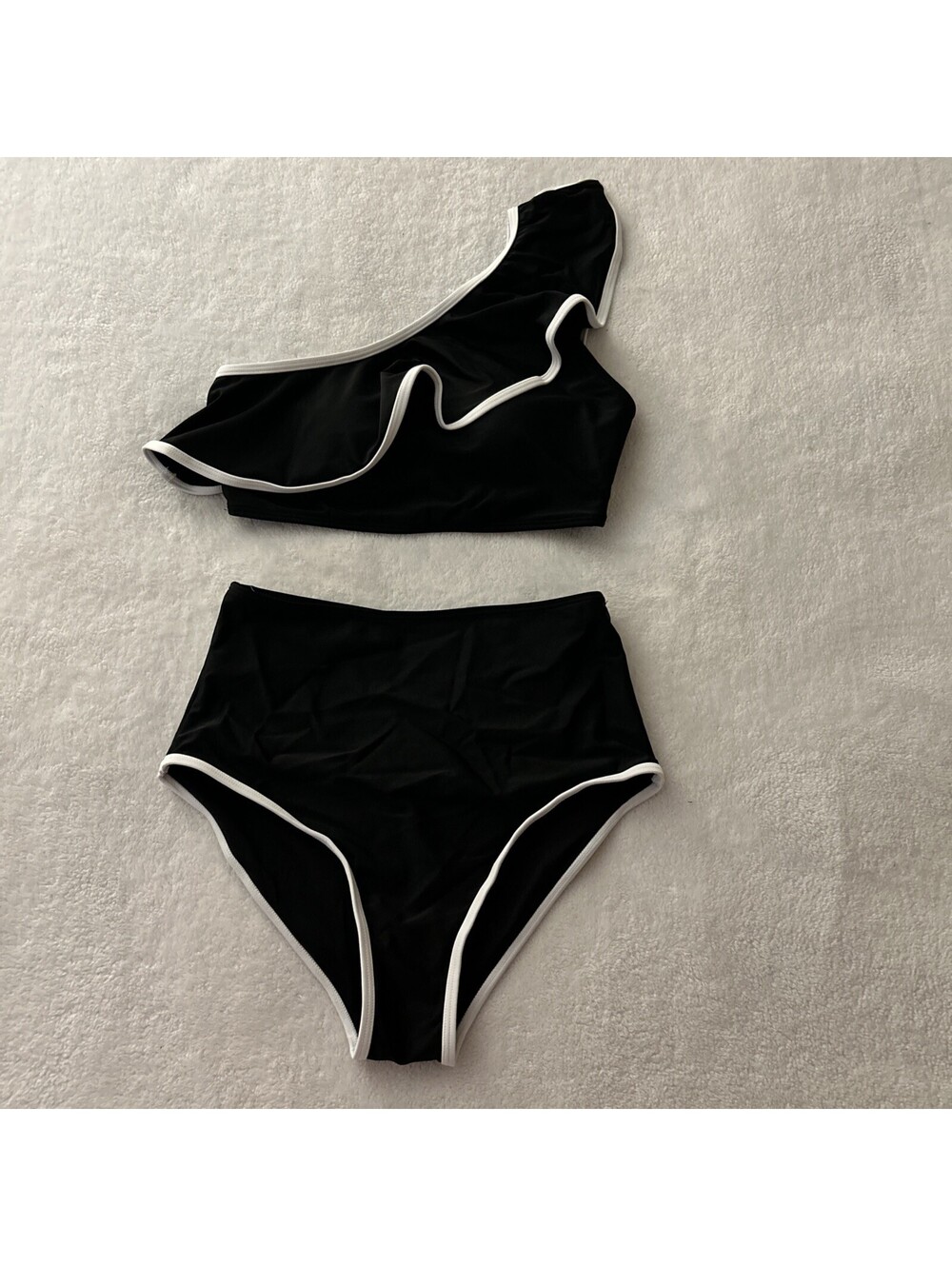One-Shoulder Ruffled Bikini 2 Piece High Waist Black With White Piping Size S